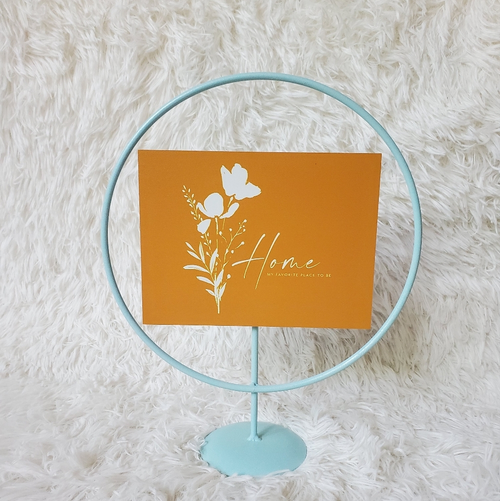 Light Teal Blue & Burnt Orange Circular Metal & Wood Sign Table Accent "Home"